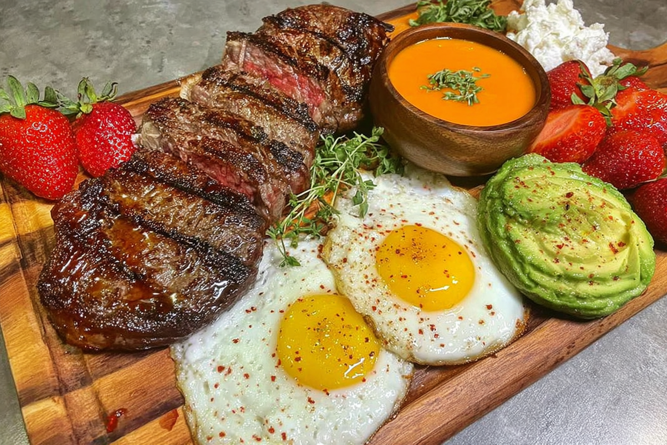 Steak and eggs board with berries avocado
