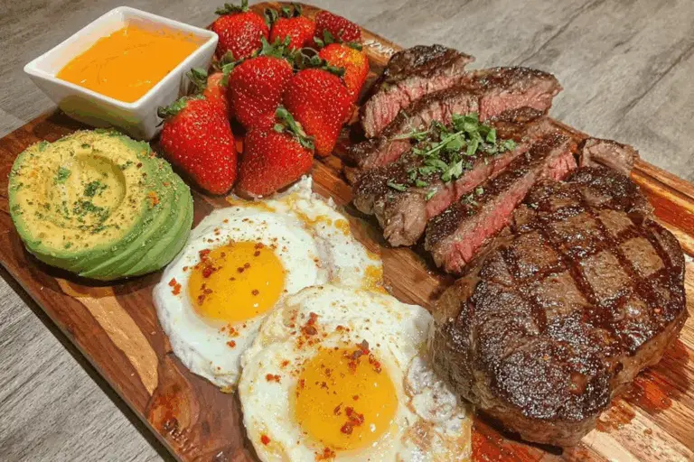 Steak and eggs board with berries avocado
