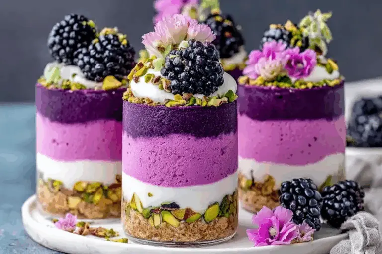 Elegant Pistachio Blackberry Cheesecake Towers with Mascarpone Topping