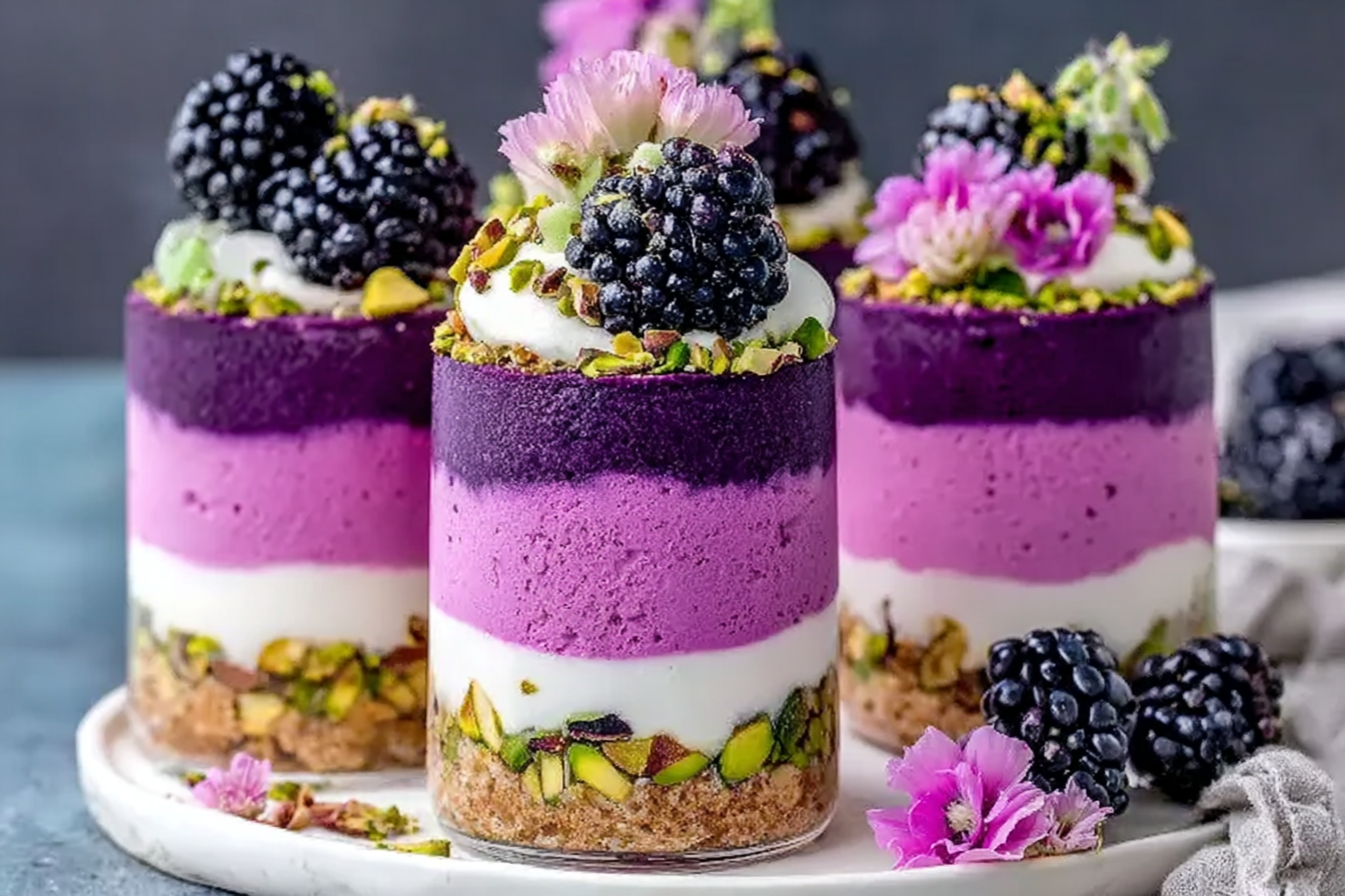 Elegant Pistachio Blackberry Cheesecake Towers with Mascarpone Topping