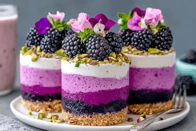 Elegant Pistachio Blackberry Cheesecake Towers with Mascarpone Topping