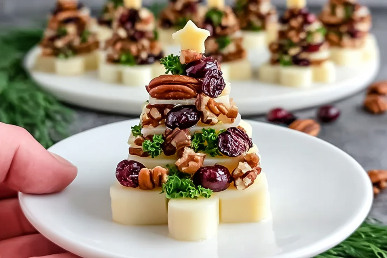 Mini Christmas Tree Brie Bites with Candied Pecans and Cranberries