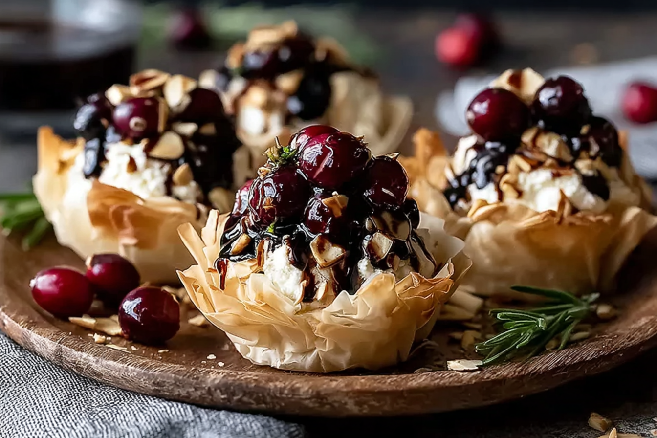 Cranberry Almond Goat Cheese Phyllo Cups with Maple Balsamic Glaze
