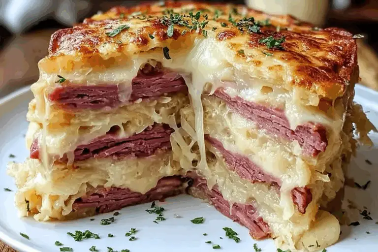 Savory Reuben Bake with Layers of Corned Beef, Sauerkraut, and Swiss Cheese