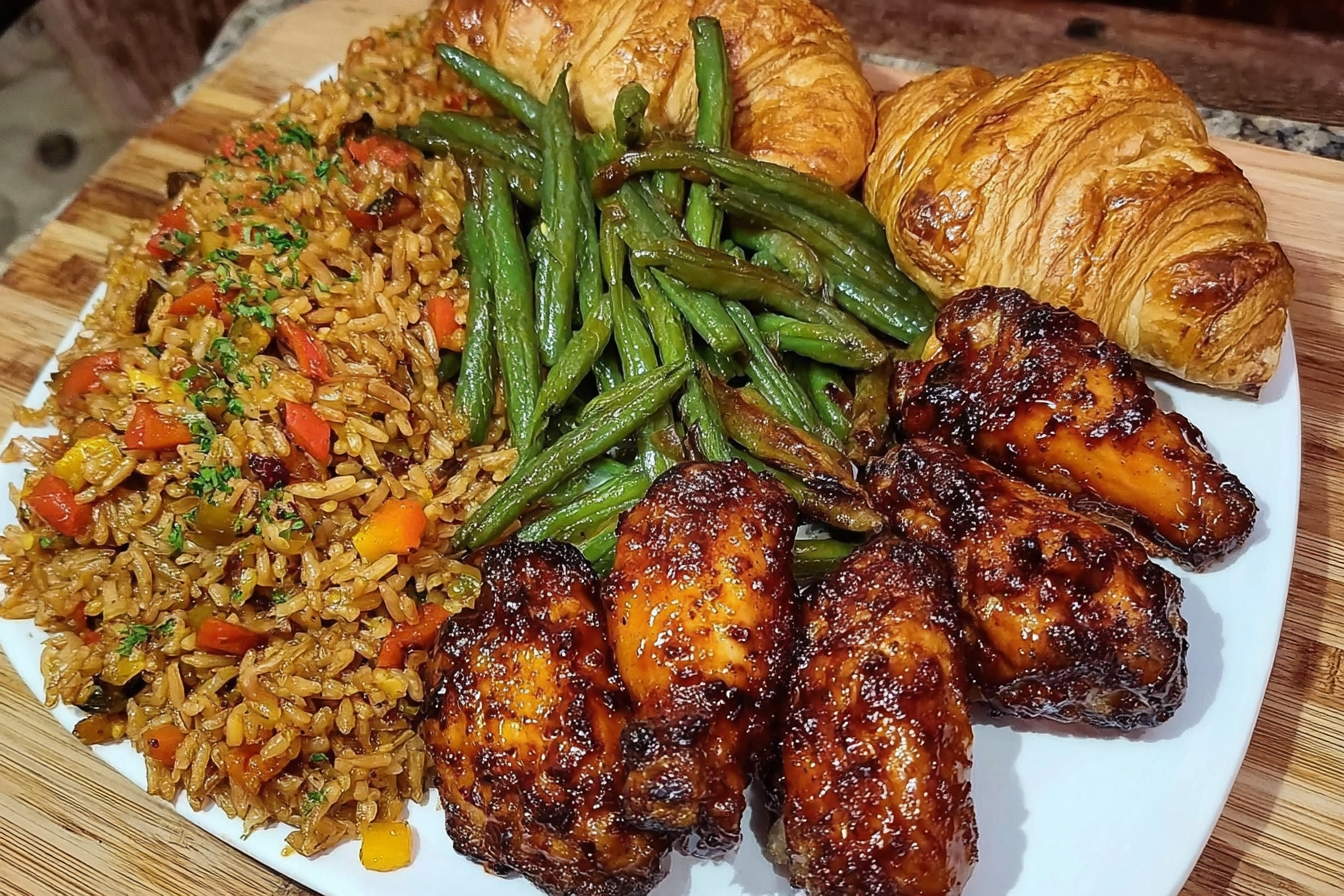 Hennessy BBQ wings, dirty rice, green beans honey butter croissants