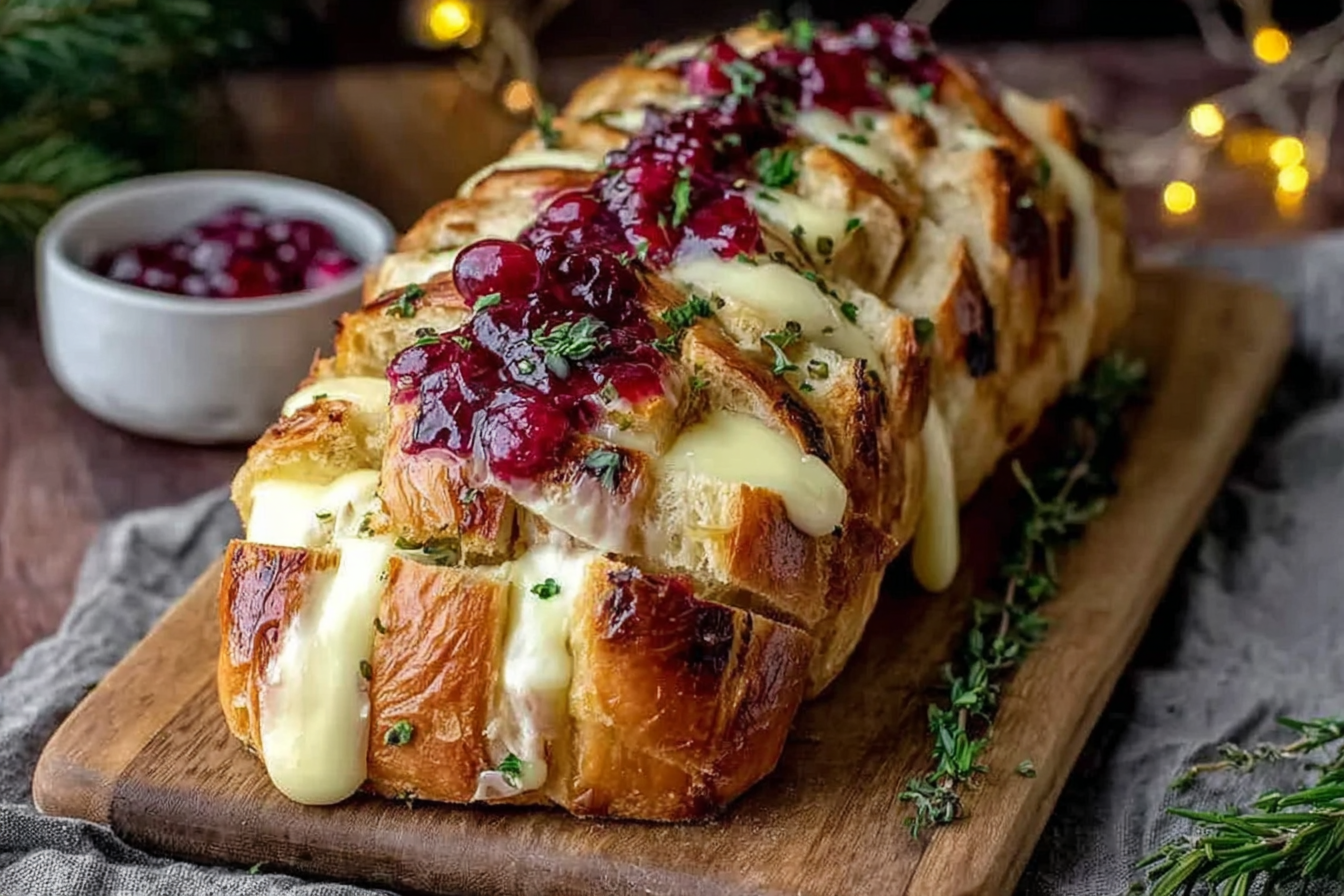 Garlic Herb Sourdough Bread Stuffed with Brie and Cranberry Sauce