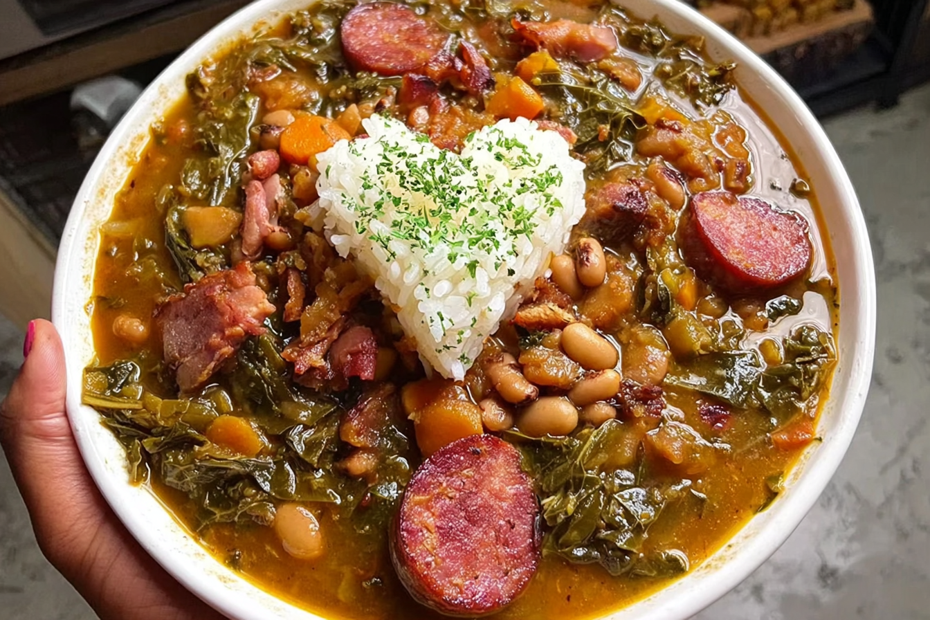 15 bean soup with smoked turkey tails collard greens
