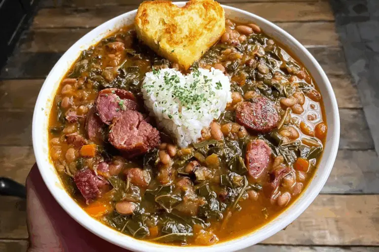 15 bean soup with smoked turkey tails collard greens