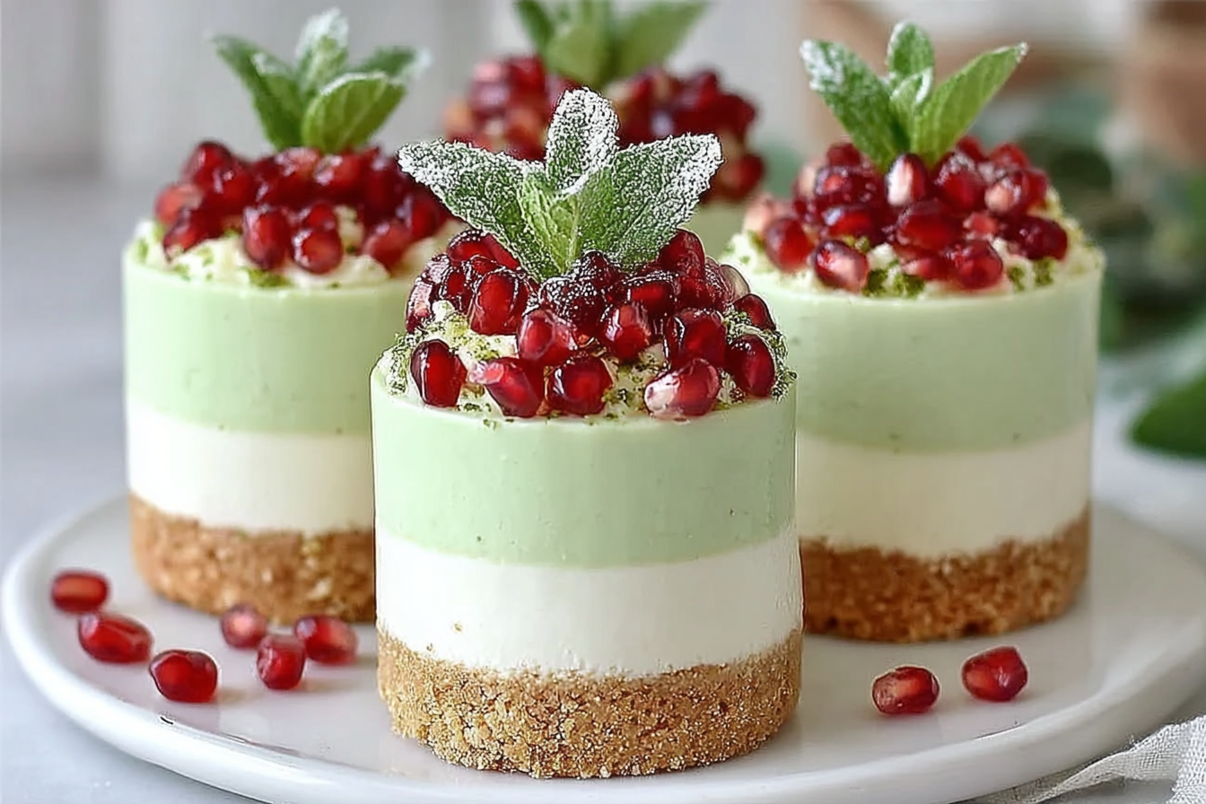 Elegant Layered Cheesecake Towers with Pomegranate Jewels Fresh Mint