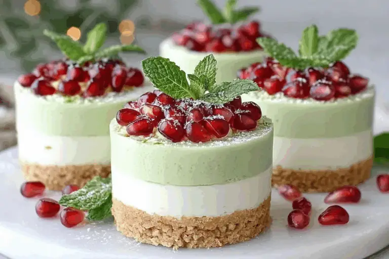 Elegant Layered Cheesecake Towers with Pomegranate Jewels Fresh Mint