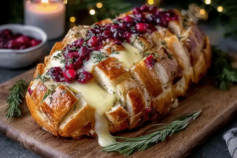 A rustic sourdough loaf scored into a pull-apart pattern, filled with rich Brie cheese, vibrant cranberry sauce, and brushed with aromatic garlic herb butter before baking to golden, melty perfection