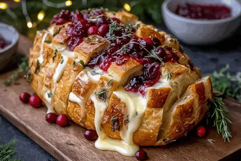 A rustic sourdough loaf scored into a pull-apart pattern, filled with rich Brie cheese, vibrant cranberry sauce, and brushed with aromatic garlic herb butter before baking to golden, melty perfection