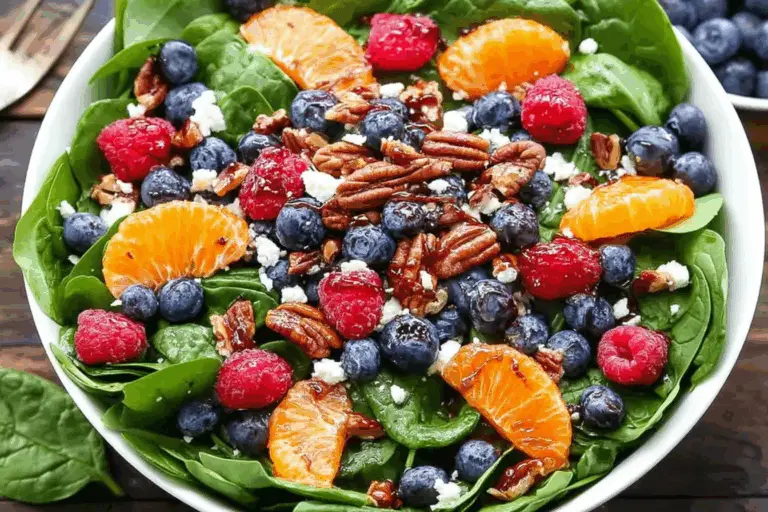 with Spinach, Blueberries, Raspberries, Mandarin Oranges, Pecans, Feta, and Honey-Balsamic Dressing