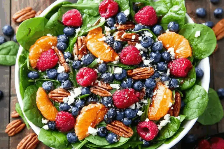 with Spinach, Blueberries, Raspberries, Mandarin Oranges, Pecans, Feta, and Honey-Balsamic Dressing