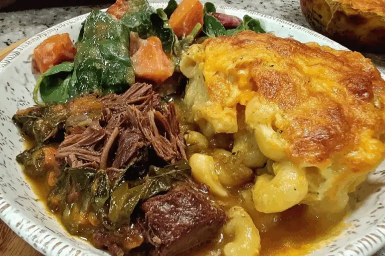 Roast, mixed greens baked mac