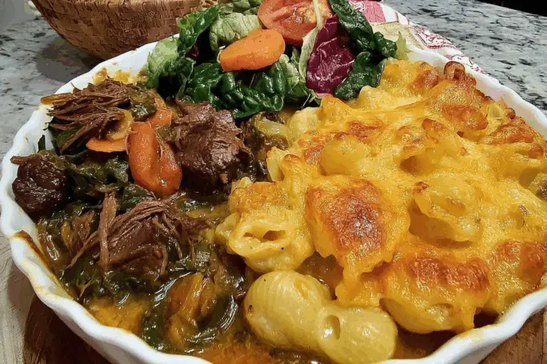 Roast, mixed greens baked mac