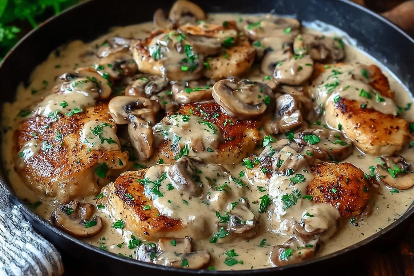 Creamy Asiago Chicken Mushroom Skillet Delight