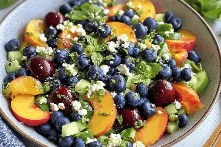 Blueberry, Peach, and Feta Summer Salad with Honey-Lemon Vinaigrette