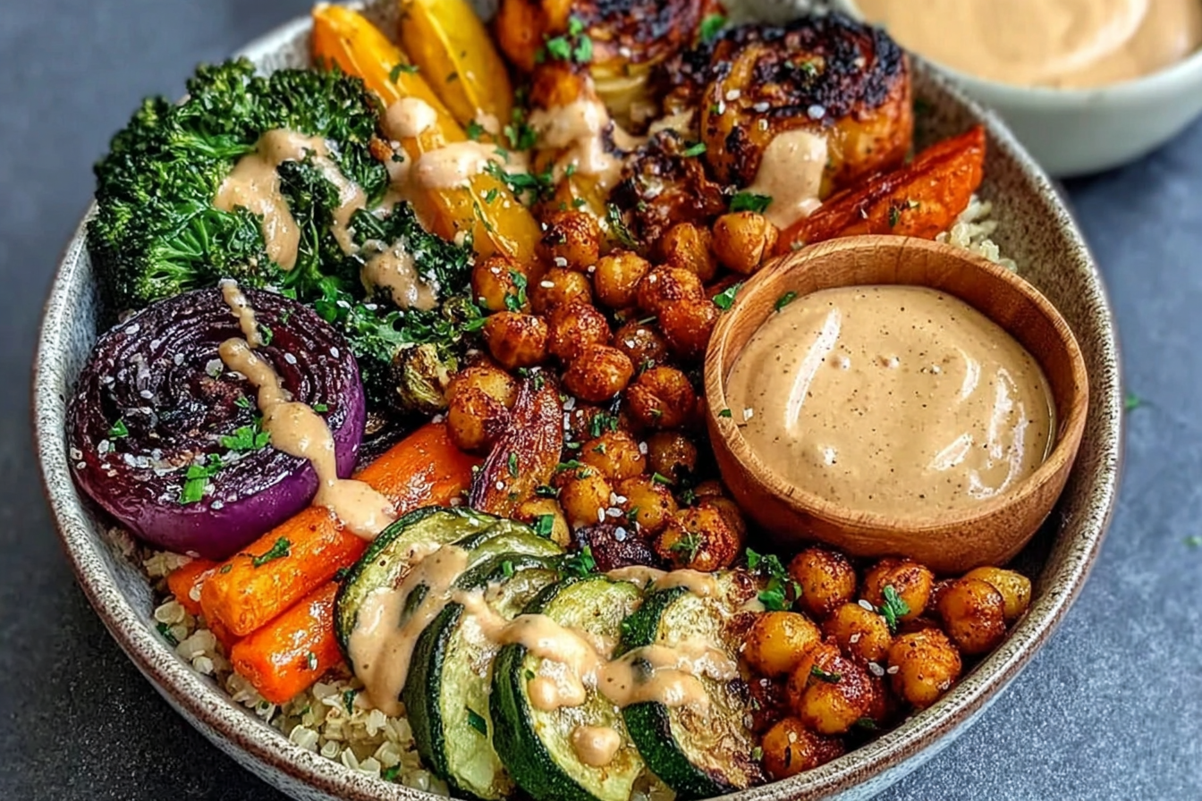 Roasted Veggie Chickpea Bowls with Maple Dijon Tahini Dressing