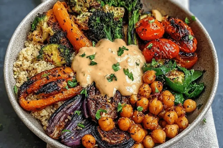 Roasted Veggie Chickpea Bowls with Maple Dijon Tahini Dressing