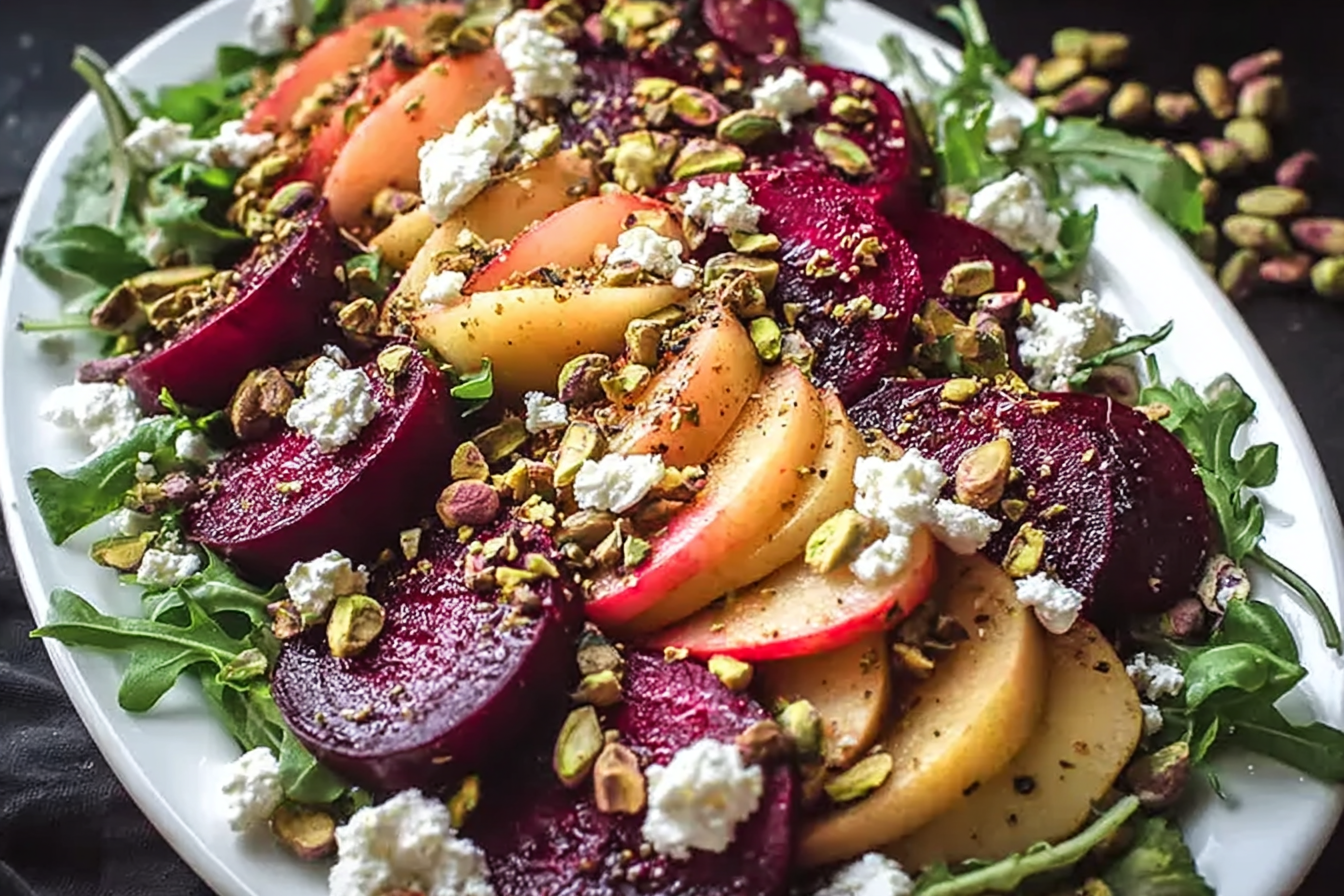 Holiday Roasted Beet and Caramelized Pear Salad with Feta Pistachios