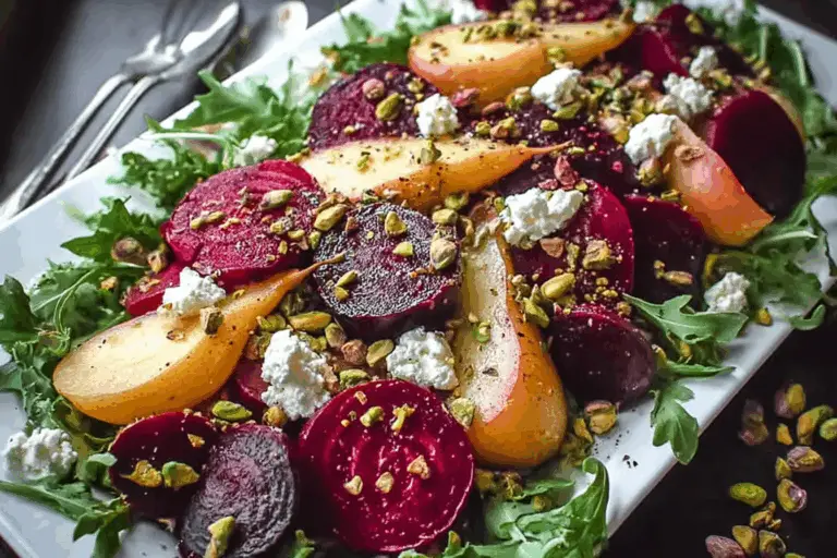 Holiday Roasted Beet and Caramelized Pear Salad with Feta Pistachios