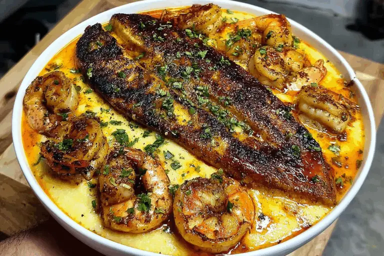 Blackened catfish, shrimp, sausage with creamy cheddar grits