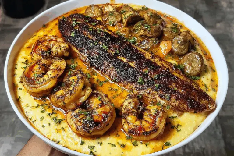 Blackened catfish, shrimp, sausage with creamy cheddar grits