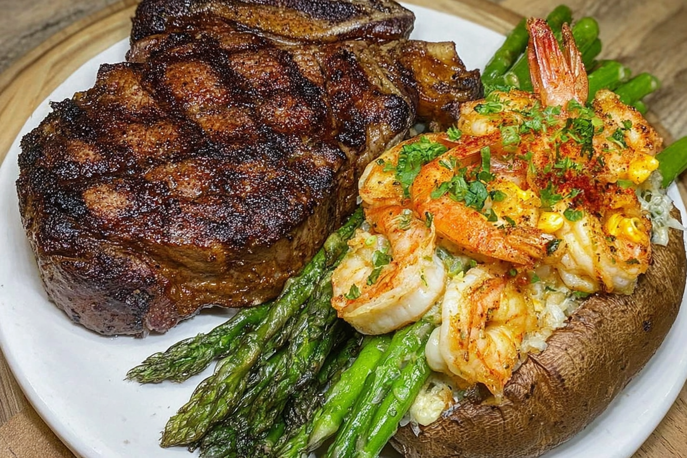 Ribeye and loaded potato with shrimp and asparagus