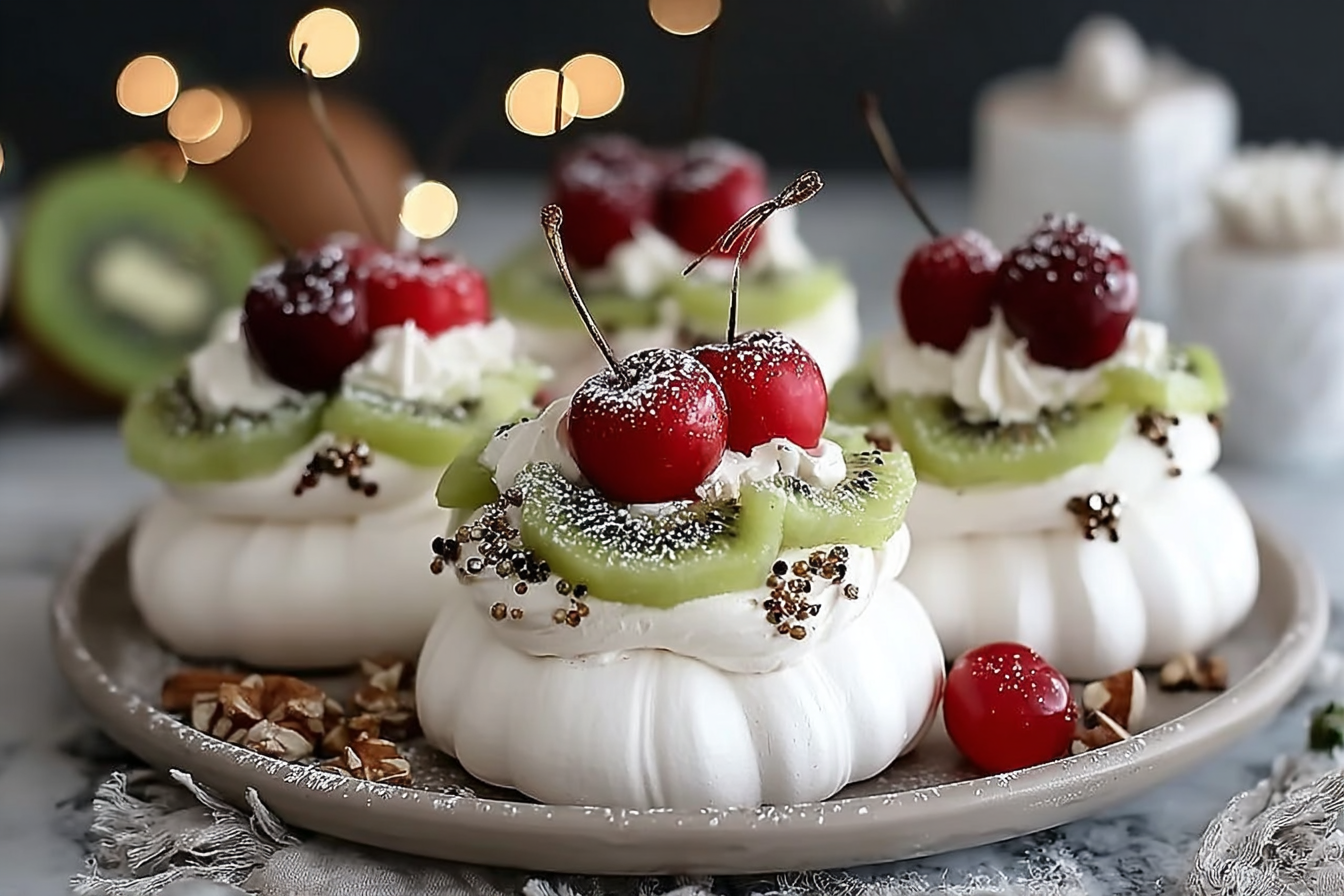 Ornament Pavlovas with Cherry, Kiwi, and Edible Glitter