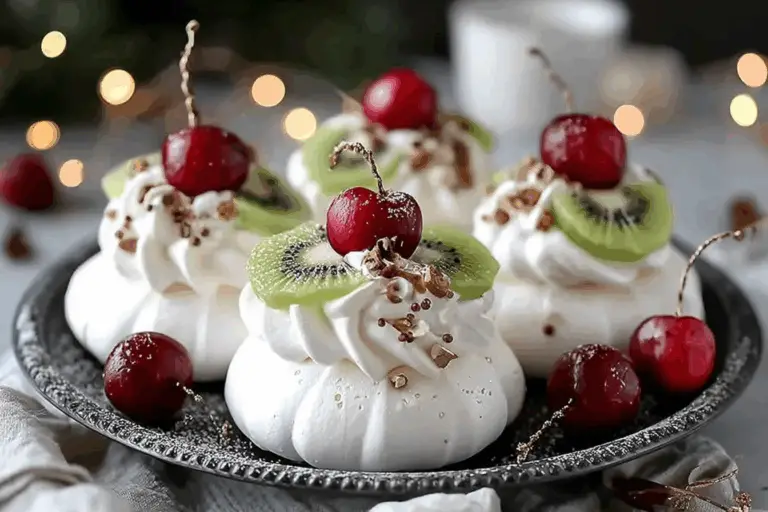 Ornament Pavlovas with Cherry, Kiwi, and Edible Glitter