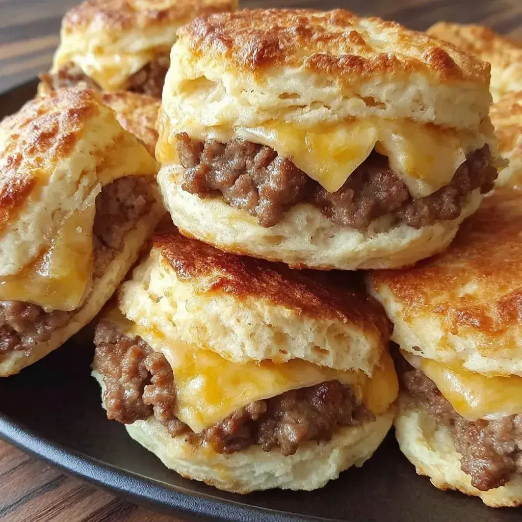 Close-up of assembled Southern sausage biscuits ready to serve