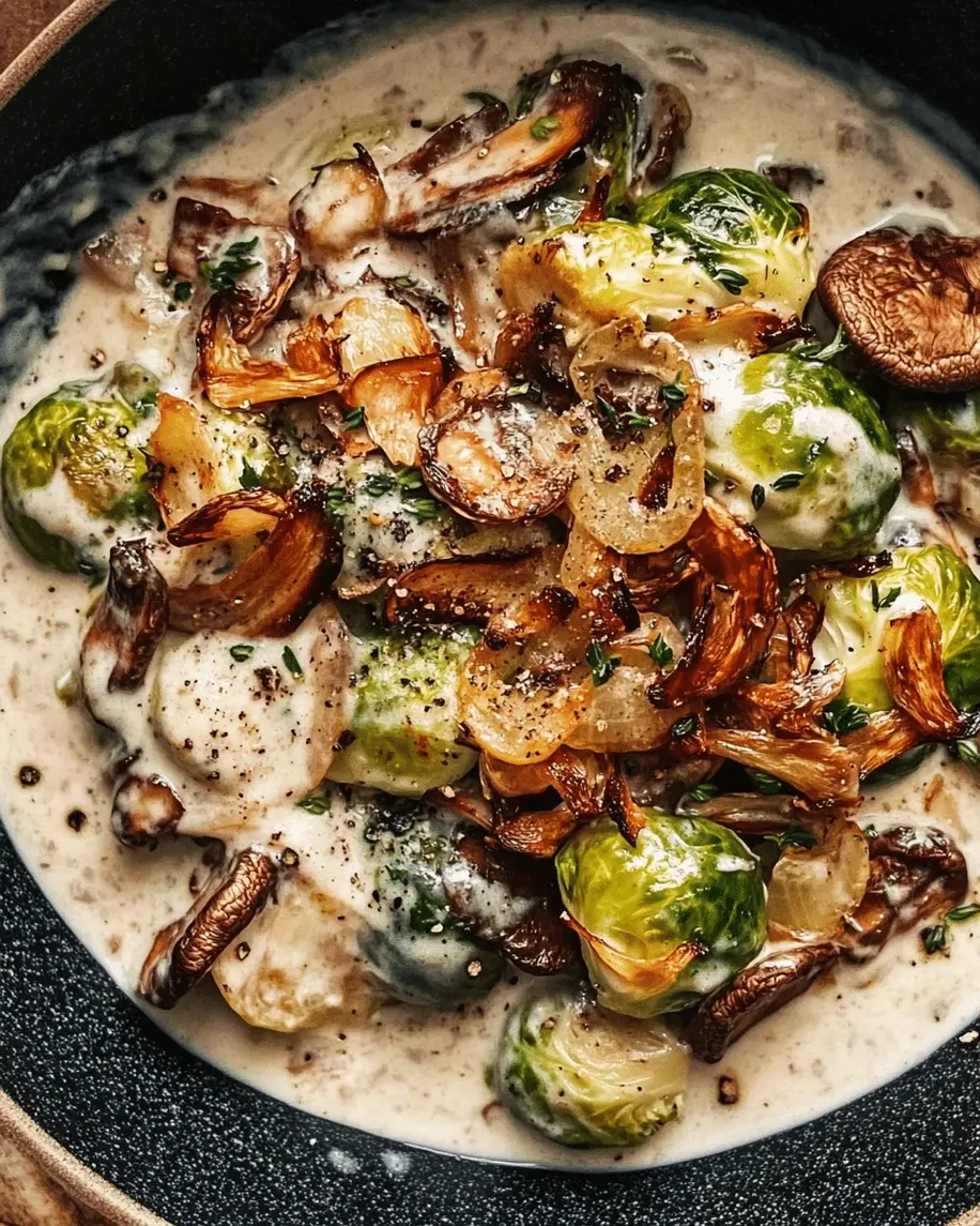 Roasted Brussels Sprouts with Creamy Wild Mushrooms and Crispy Shallots