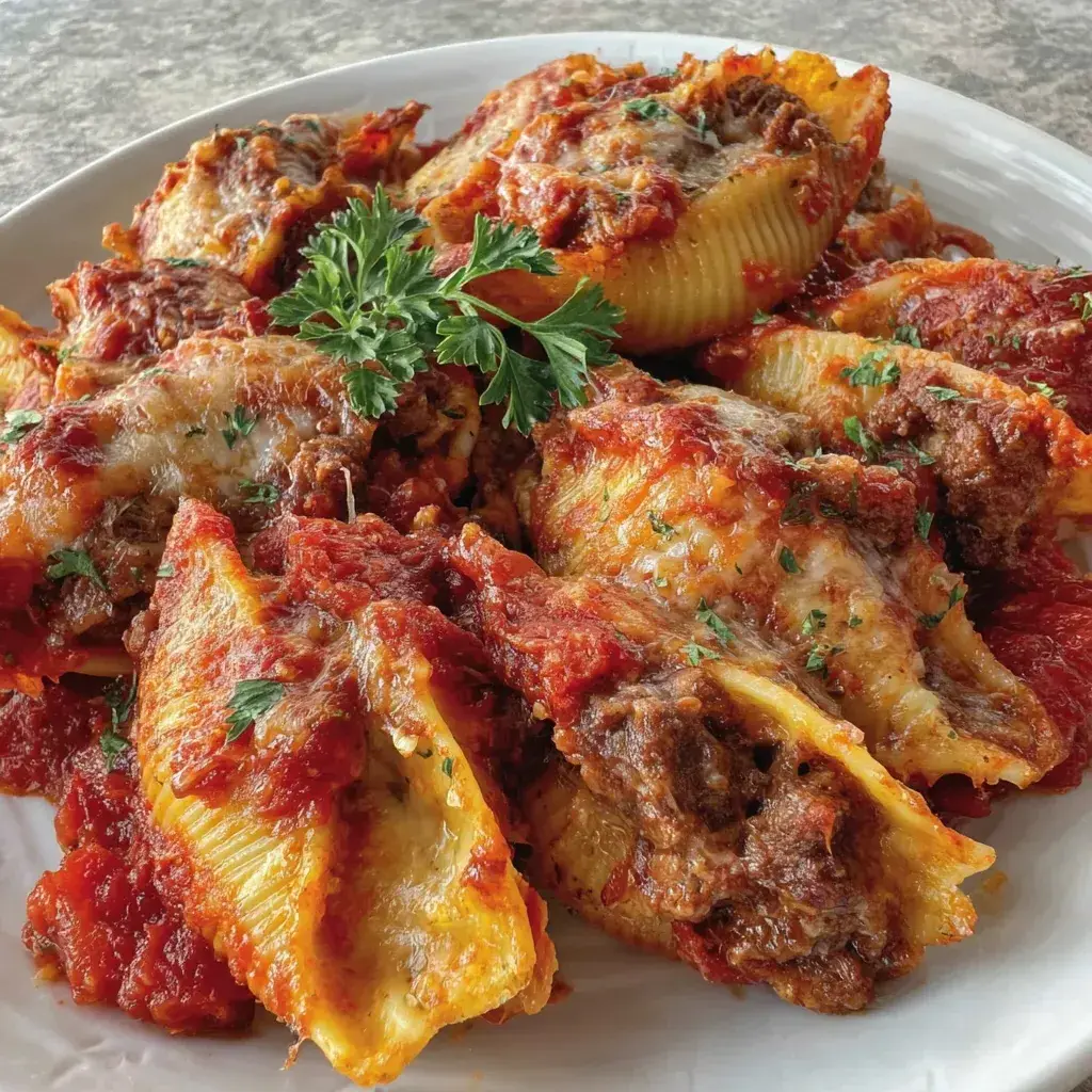 Baked Cream Cheese and Beef Stuffed Shells Ready to Serve