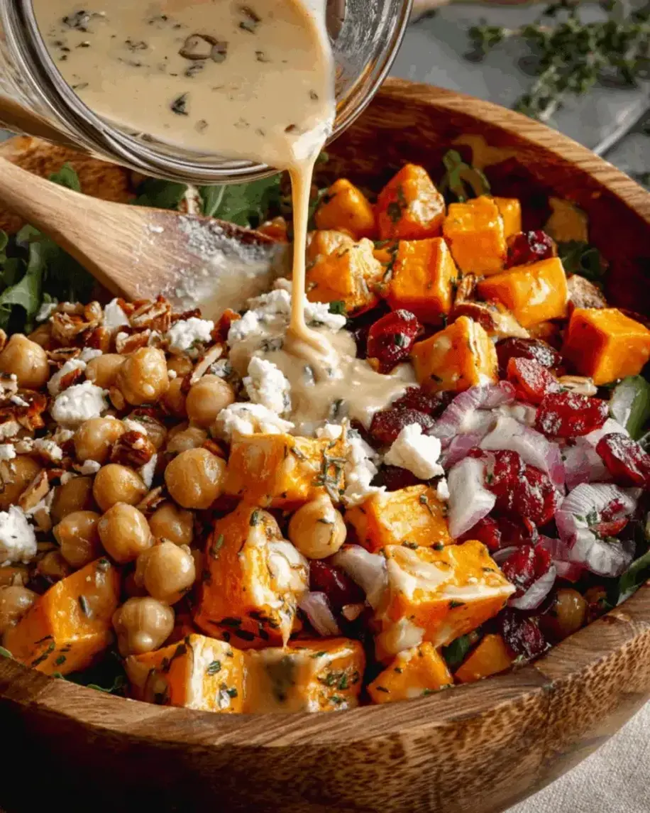 Roasted Sweet Potato Delicata Squash Chickpea Salad with Maple Tahini Dressing