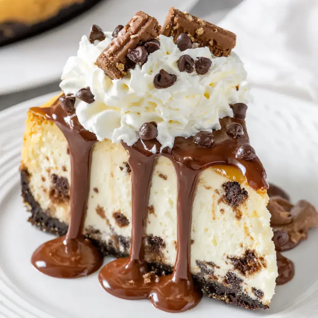 Serving suggestion for chocolate chip cheesecake with toppings