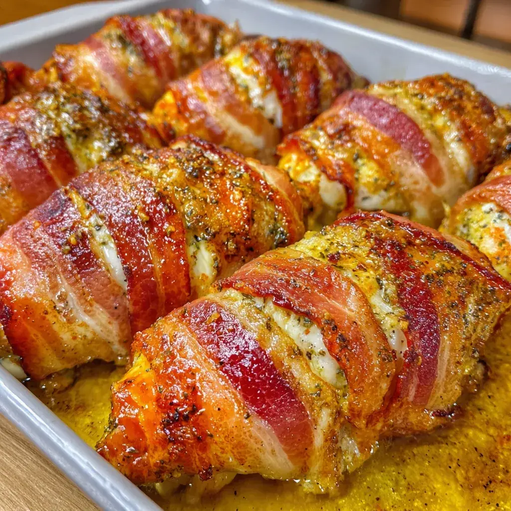 Close-up of finished bacon wrapped garlic chicken coated in sauce, garnished and ready to serve.