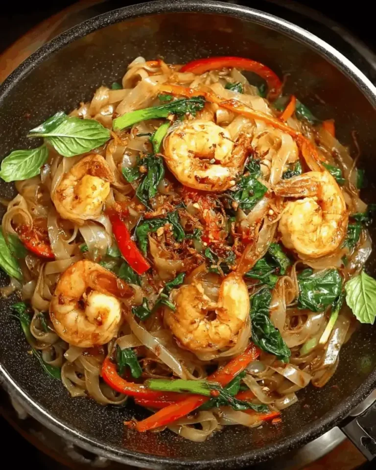 Spicy Shrimp Rice Noodles with Basil and Veggies