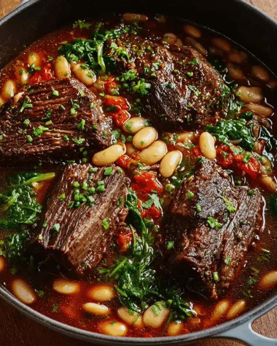Slow Braised Beef Short Ribs with Butter Beans Spinach