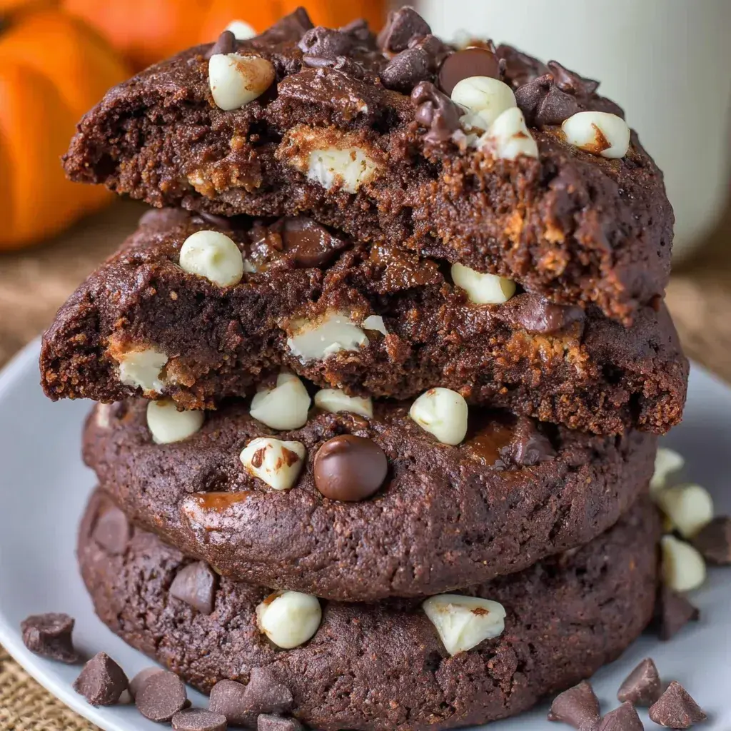 A close-up view of chocolate pumpkin cookies arranged on a plate, highlighting the chocolate chips, soft crumb, and festive fall colors.