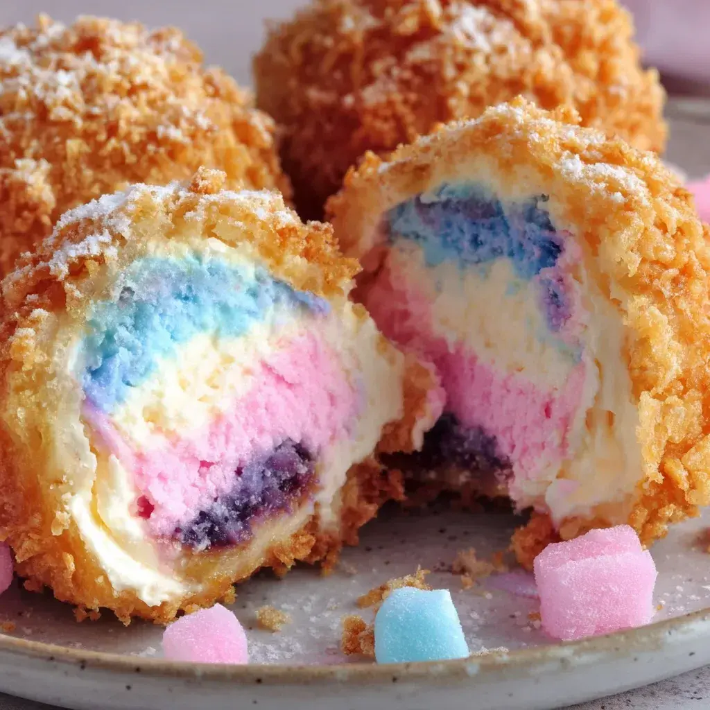 Finished crispy cotton candy cheesecake bombs topped with fluffy cotton candy, ready for serving and showcasing the whimsical final look.