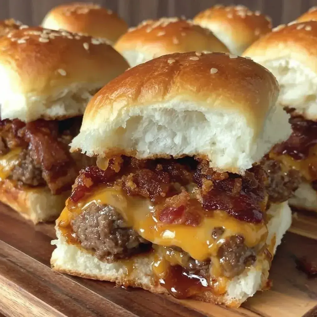 A close-up view of BBQ cheeseburger sliders with bubbling cheese and bacon bits, ready to be enjoyed
