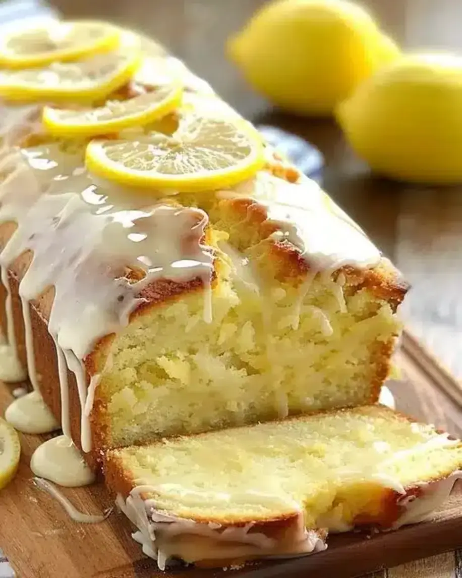 Sliced lemon glaze cake on a plate, showcasing the moist texture and glossy glaze