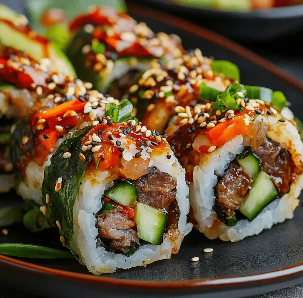 A close-up of sliced Korean Bulgogi Sushi Rolls on a plate, garnished with sesame seeds and fresh herbs, showing the layers of beef, veggies, and rice.