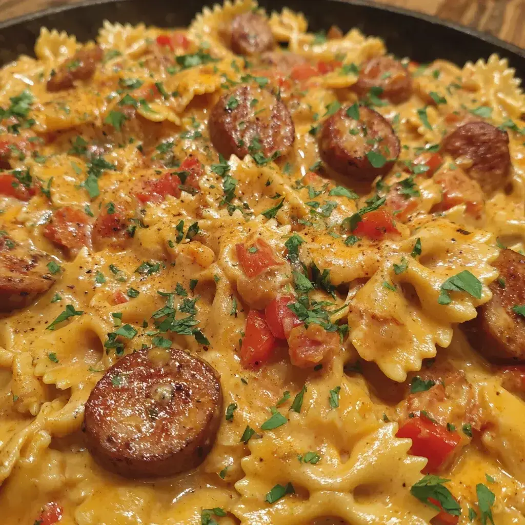 Cheesy Sausage Bowtie Pasta ingredients laid out on a cutting board