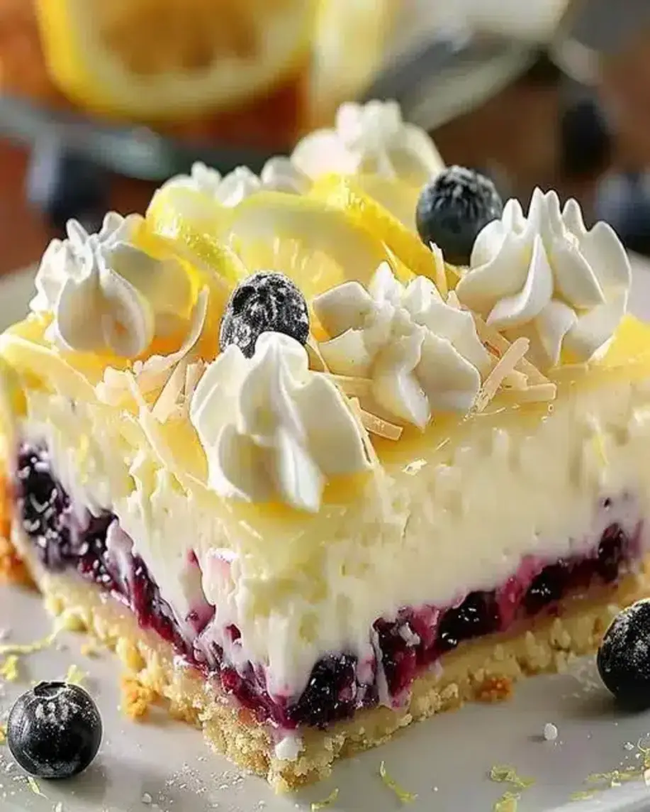 Sliced Lemon Blueberry Cheesecake Bars ready to serve