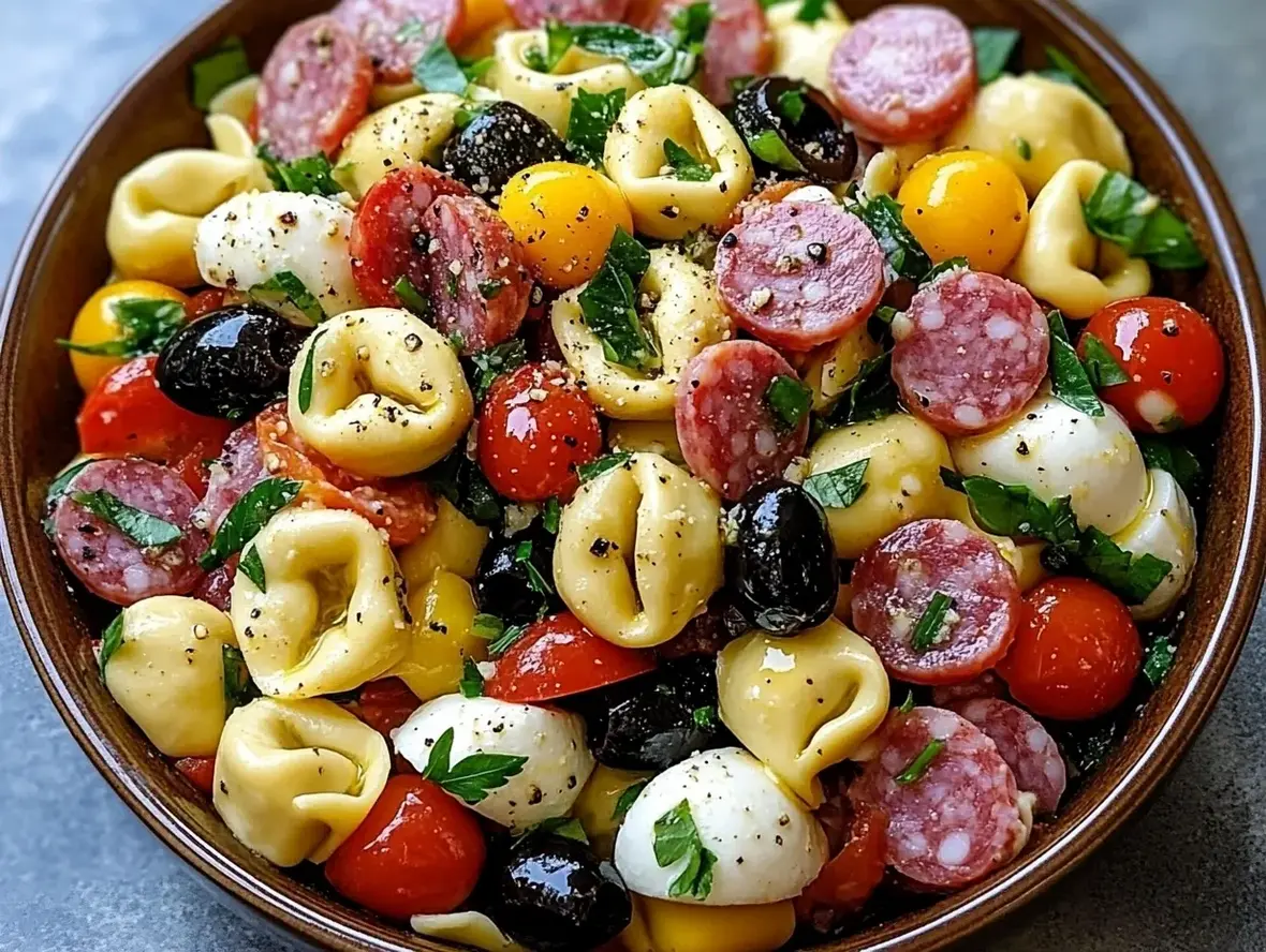 Delicious tortellini pasta salad ready to serve