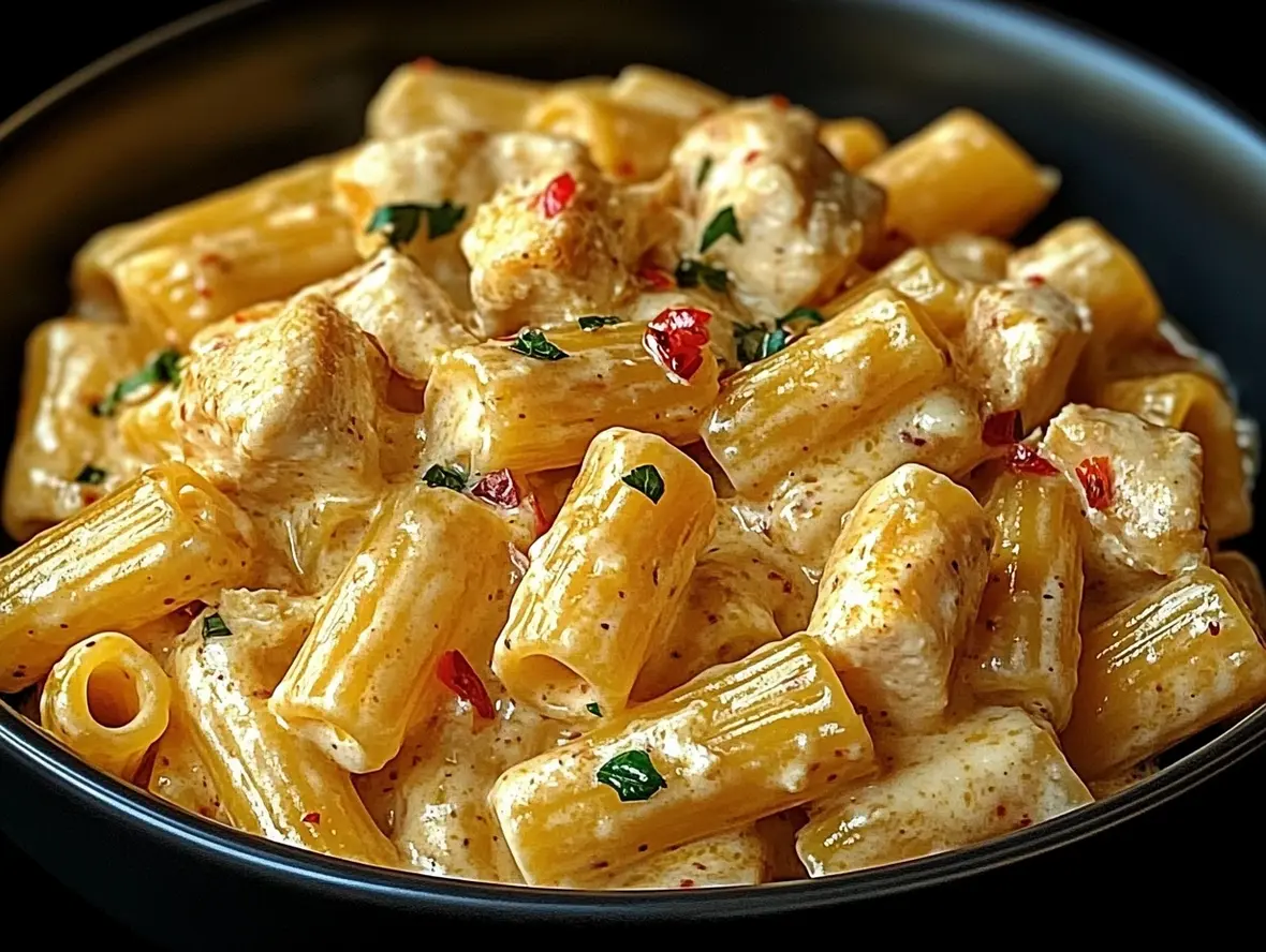 Close-up of creamy baked chicken ricotta pasta with melted cheese
