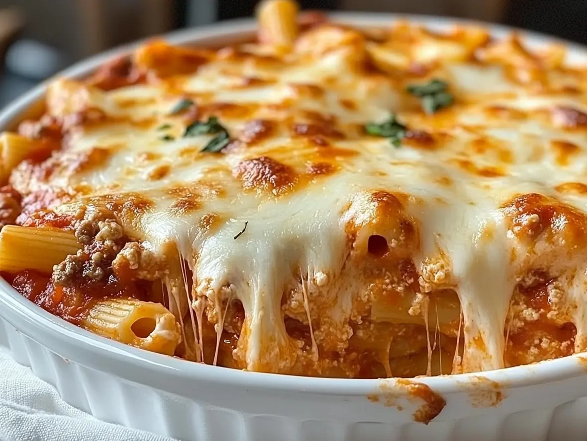 Finished baked ziti with melted cheese and fresh garnish ready to serve.