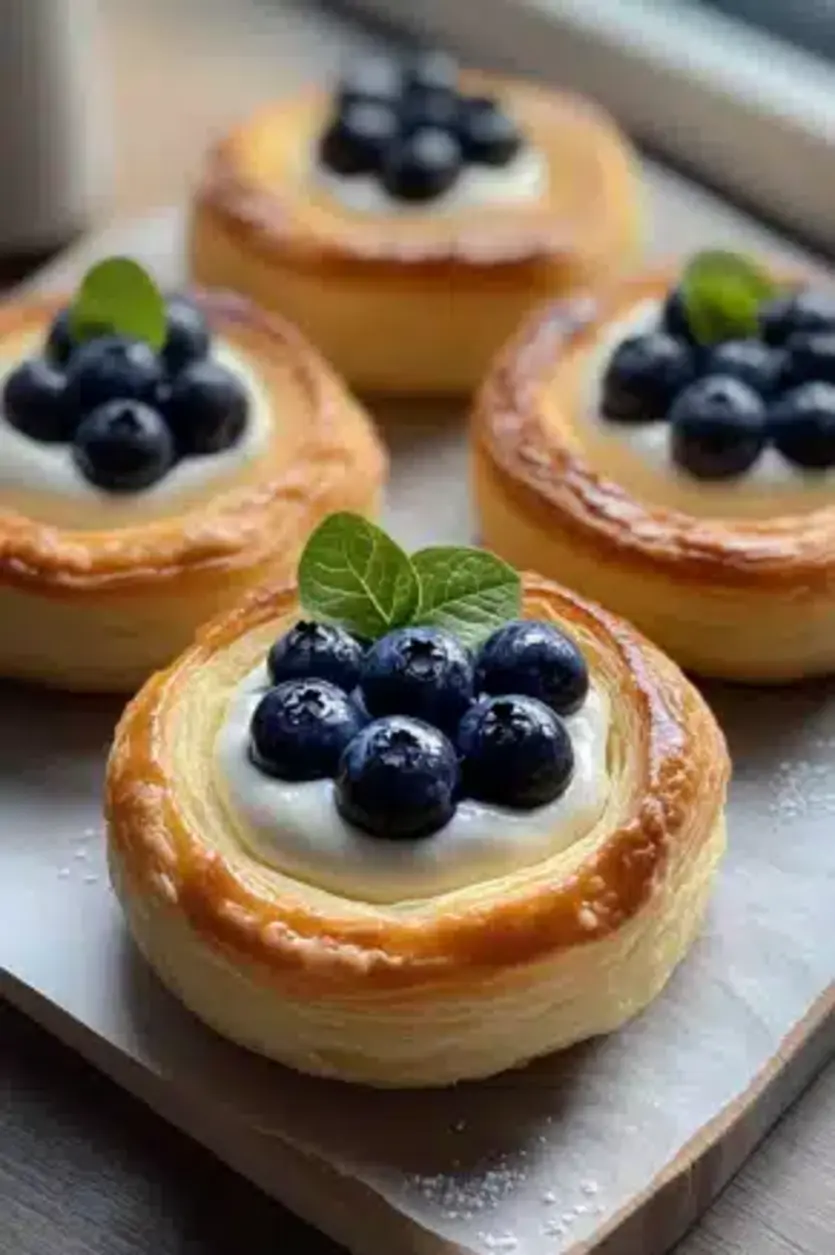Close-up of blueberry pastry rings cooling on a rack with vanilla cream inside